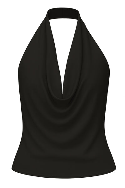 Blusa corta de cuello halter, escote fluido frontal y en espalda.