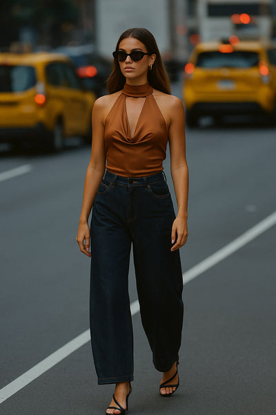 Blusa corta de cuello alto halter con lazo amarrable posterior, escote fluido con cut out frontal y en espalda.