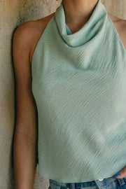 Blusa de cuello halter fluido, escote en espalda con lazo amarrable posterior, cierre con botón y ojal.
