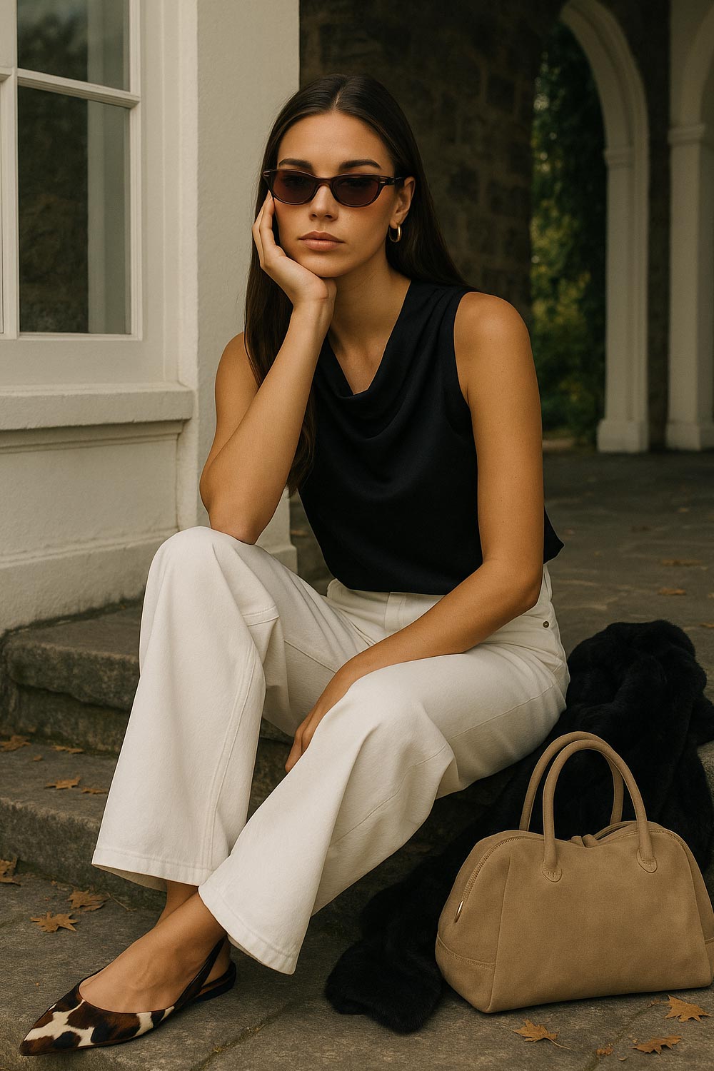 Blusa sin mangas de fit recto, cuello fluido y cierre posterior con botón y ojal.