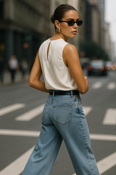 Blusa sin mangas de fit recto, cuello fluido y cierre posterior con botón y ojal.
