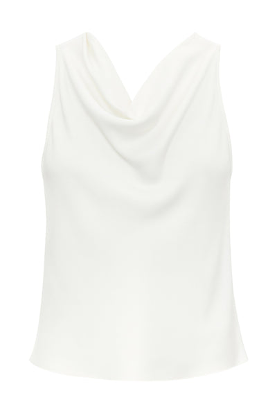 Blusa sin mangas de fit recto, cuello fluido y cierre posterior con botón y ojal.