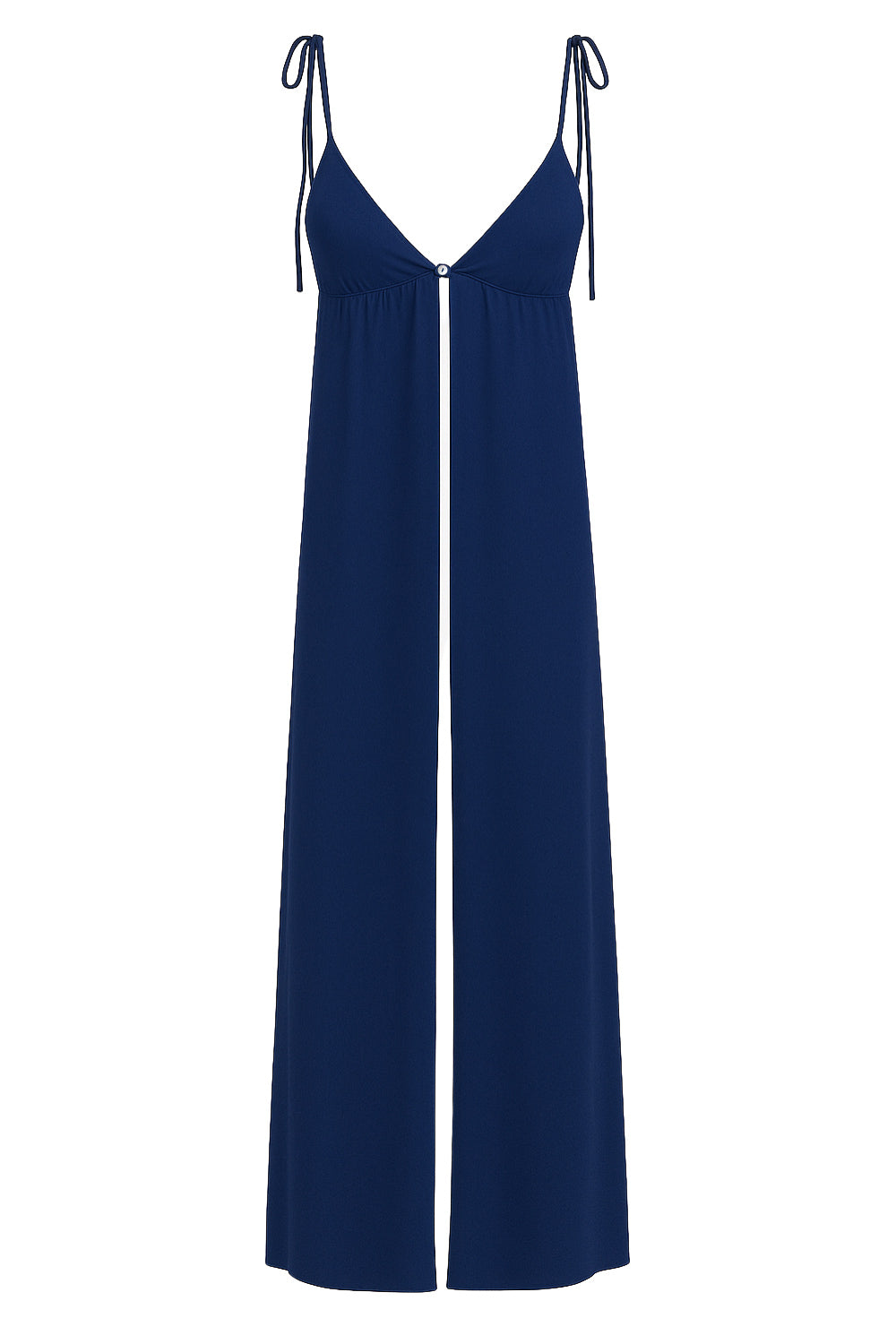 Blusa larga de fit fluido, tirantes delgados con nudo ajustable, escote v con cortes, abertura frontal y cierre con botón.