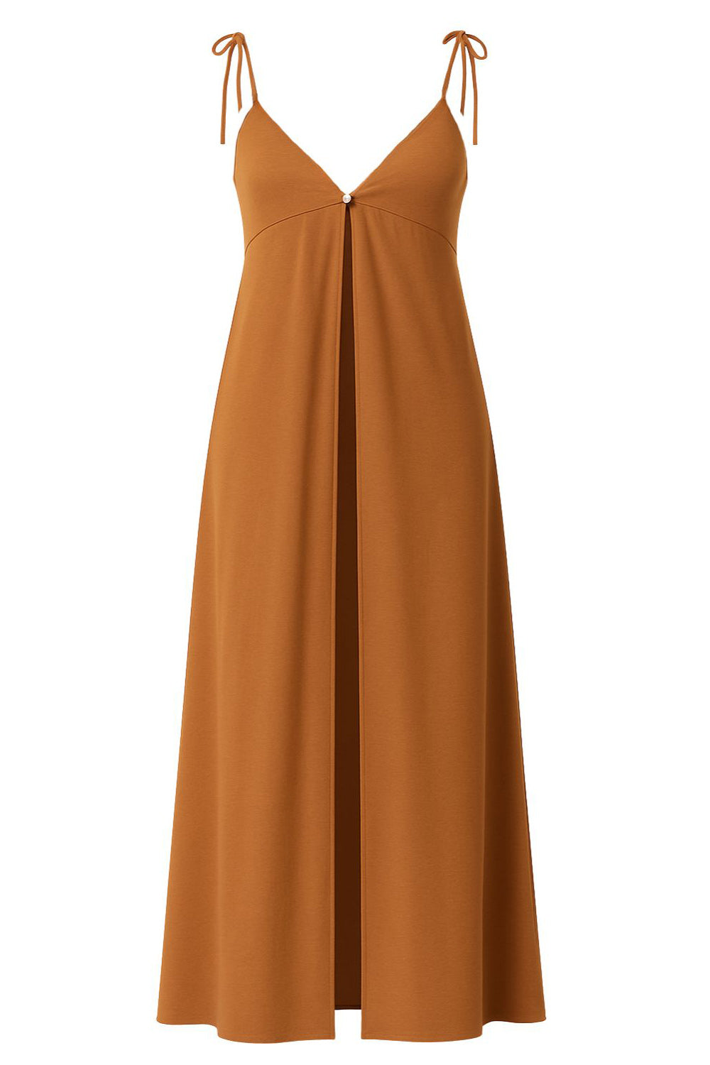 Blusa larga de fit fluido, tirantes delgados con nudo ajustable, escote v con cortes, abertura frontal y cierre con botón.