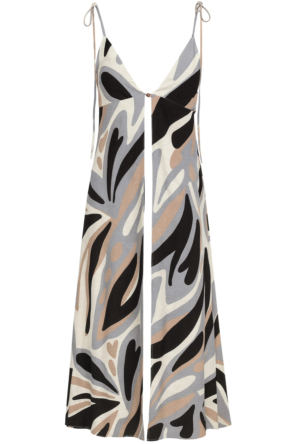 Blusa larga estampada, de fit fluido, tirantes delgados con nudo ajustable, escote v con cortes, abertura frontal y cierre con botón.