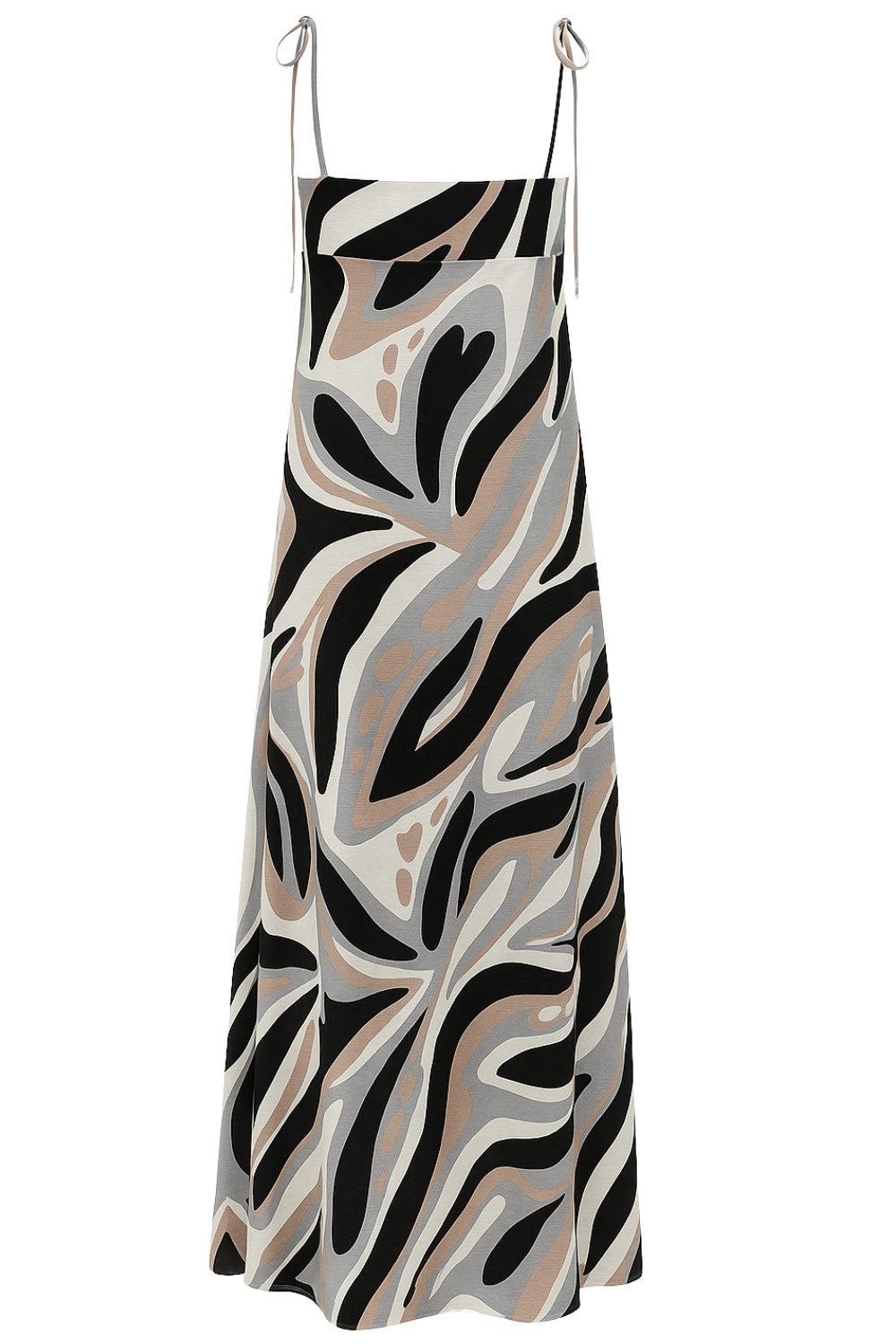 Blusa larga estampada, de fit fluido, tirantes delgados con nudo ajustable, escote v con cortes, abertura frontal y cierre con botón.