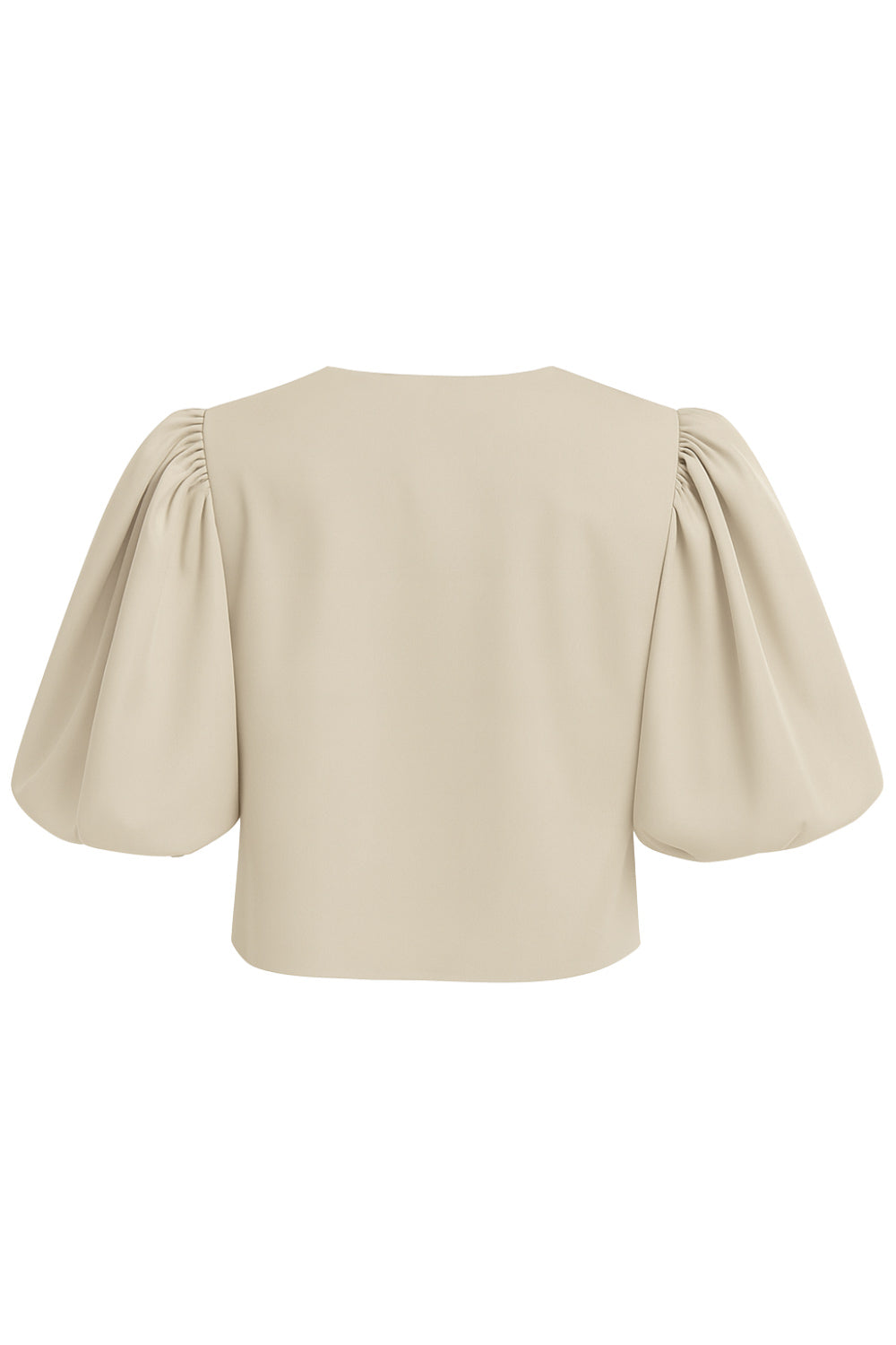 Blusa corta de fit recto, cuello redondo, manga corta amplia globo con volumen en borde, cierre frontal con broches ocultos y bajo curveado frontal.