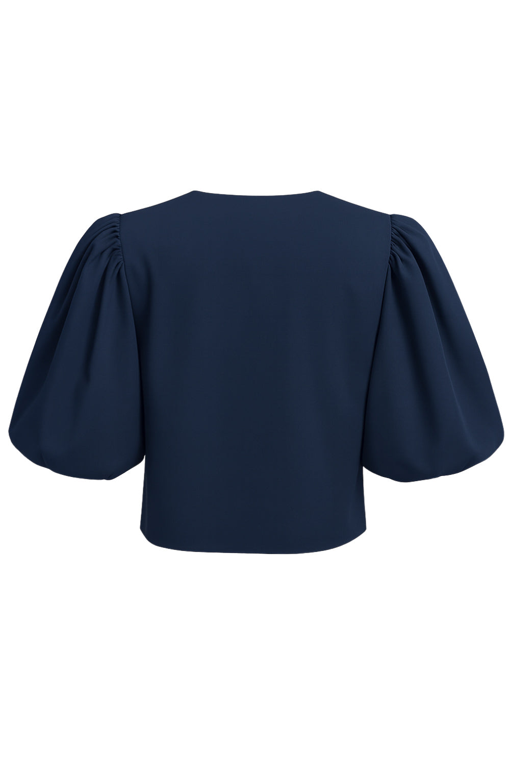 Blusa corta de fit recto, cuello redondo, manga corta amplia globo con volumen en borde, cierre frontal con broches ocultos y bajo curveado frontal.