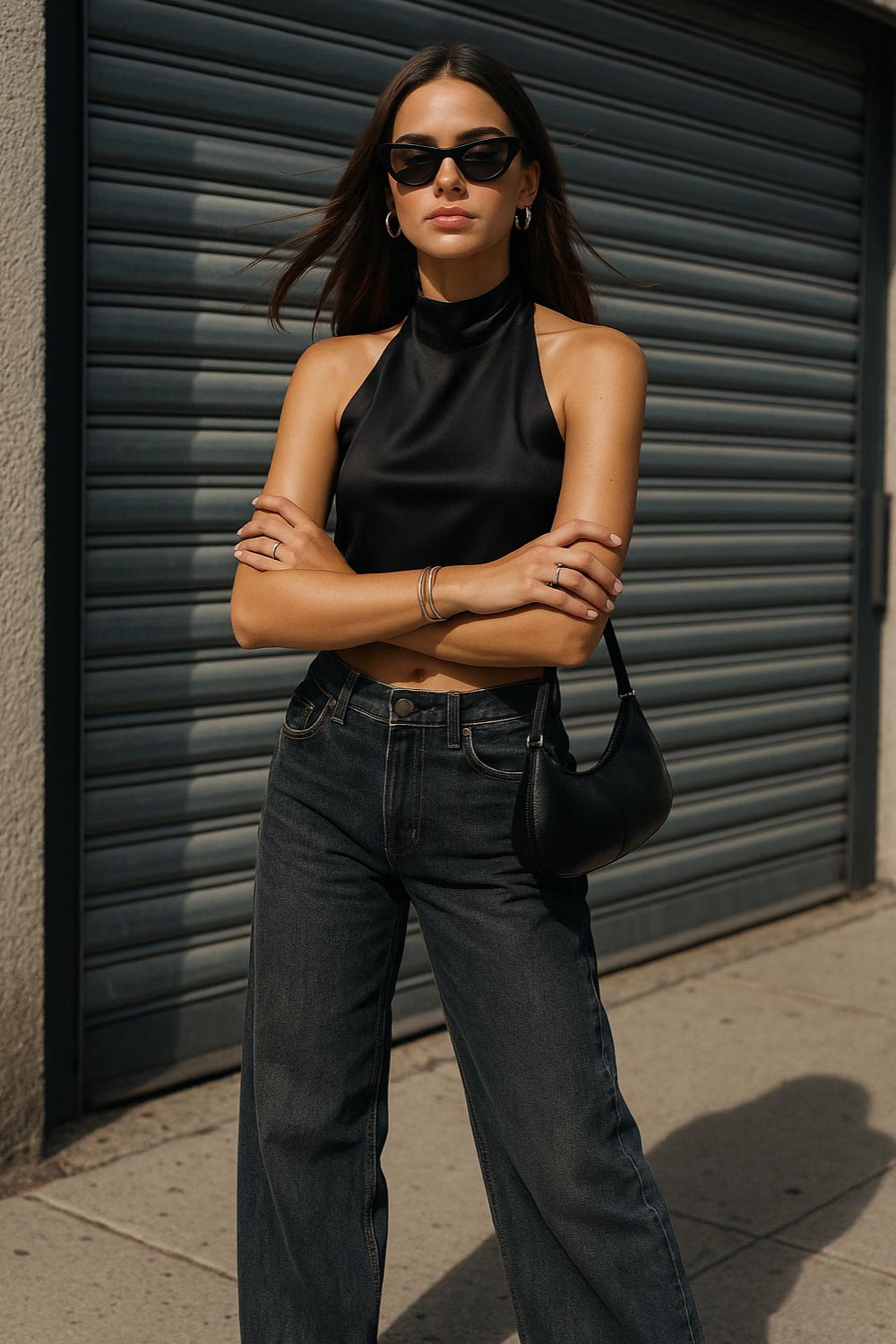 Blusa corta satinada de cuello halter con escote fluido, sin mangas y escote en espalda con tirantes delgados ajustables.