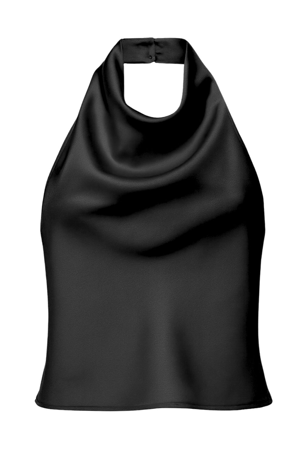 Blusa corta satinada de cuello halter con escote fluido, sin mangas y escote en espalda con tirantes delgados ajustables.