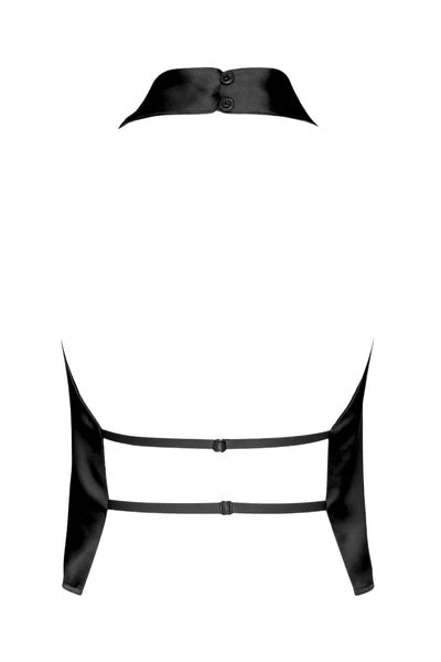 Blusa corta satinada de cuello halter con escote fluido, sin mangas y escote en espalda con tirantes delgados ajustables.