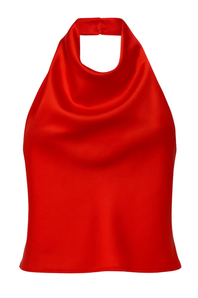 Blusa corta satinada de cuello halter con escote fluido, sin mangas y escote en espalda con tirantes delgados ajustables.