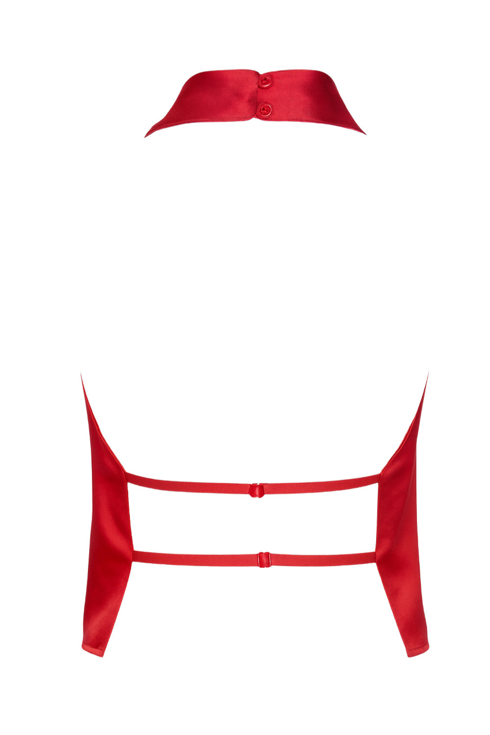 Blusa corta satinada de cuello halter con escote fluido, sin mangas y escote en espalda con tirantes delgados ajustables.