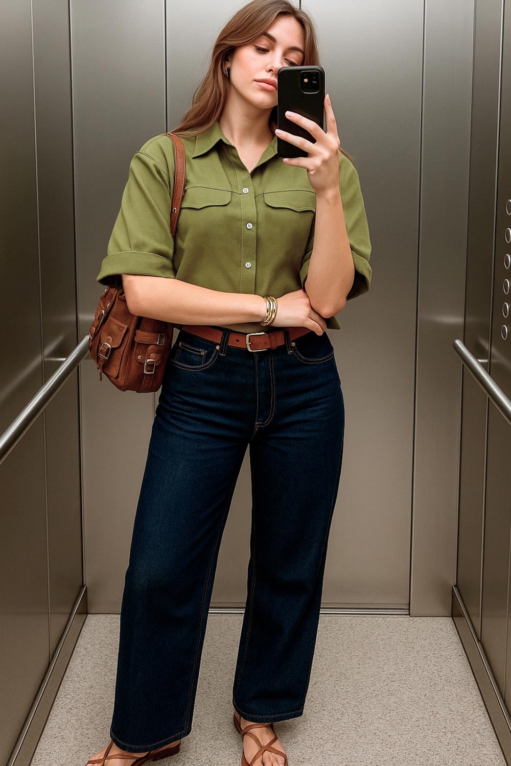 Camisa corta de fit oversized, manga 3/4 amplia con doblez en puños, cuello camisero, bolsillos frontales decorativos con cartera y pinza de amplitud en espalda. Cierre frontal con hilera de botones.