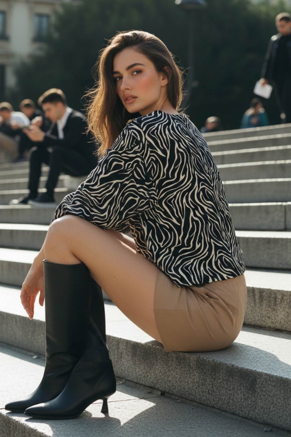 Blusa estampada de fit fluido, manga amplia 3/4, cuello barco y botones decorativos en hombro.