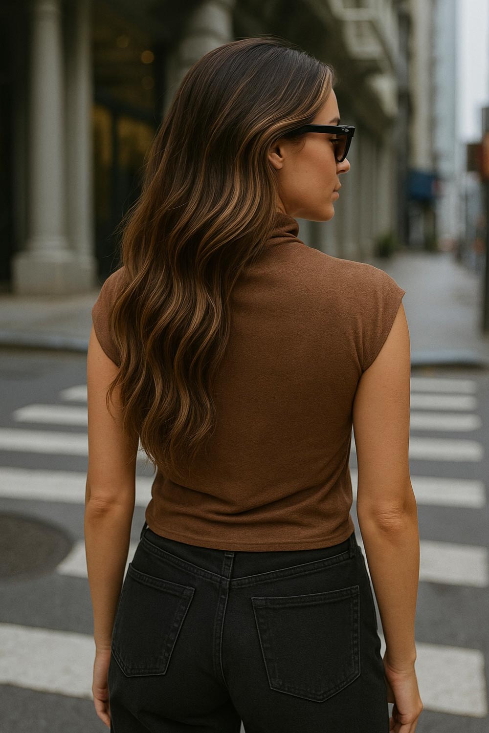 Blusa de gamuza, fit ajustado, cuello mock fluido, manga corta seguida y plisados en hombros.