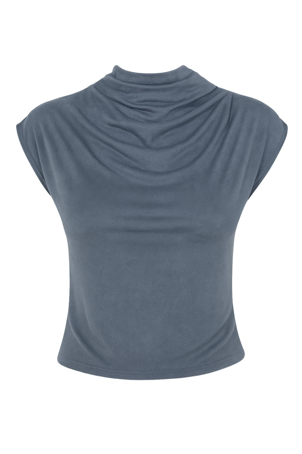 Blusa de gamuza, fit ajustado, cuello mock fluido, manga corta seguida y plisados en hombros.