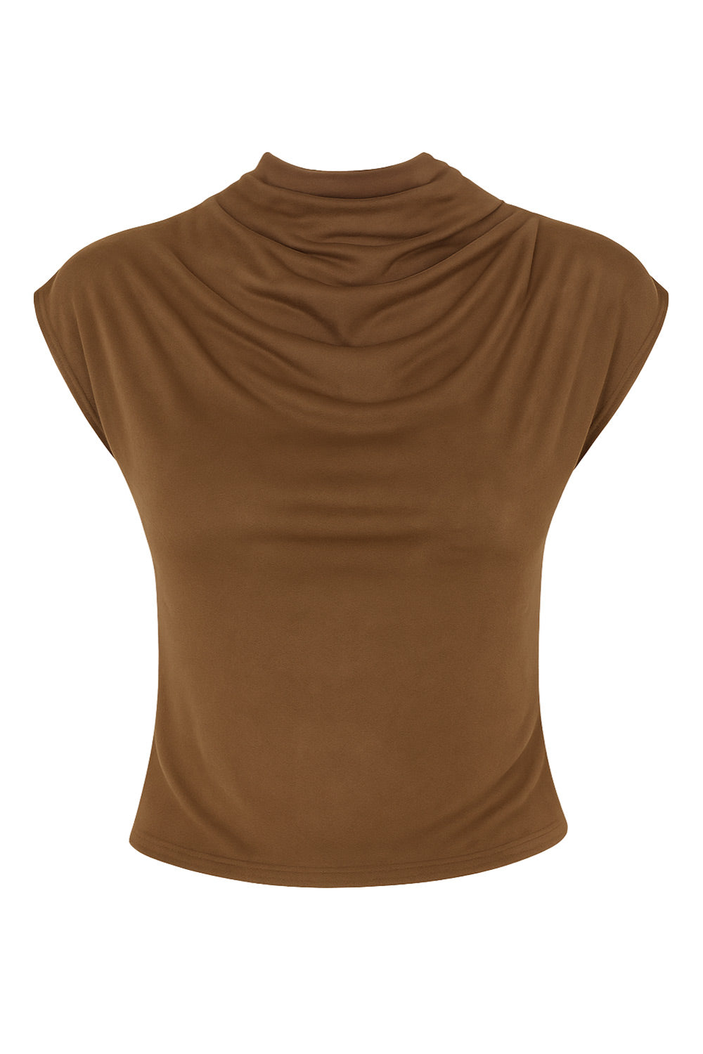 Blusa de gamuza, fit ajustado, cuello mock fluido, manga corta seguida y plisados en hombros.