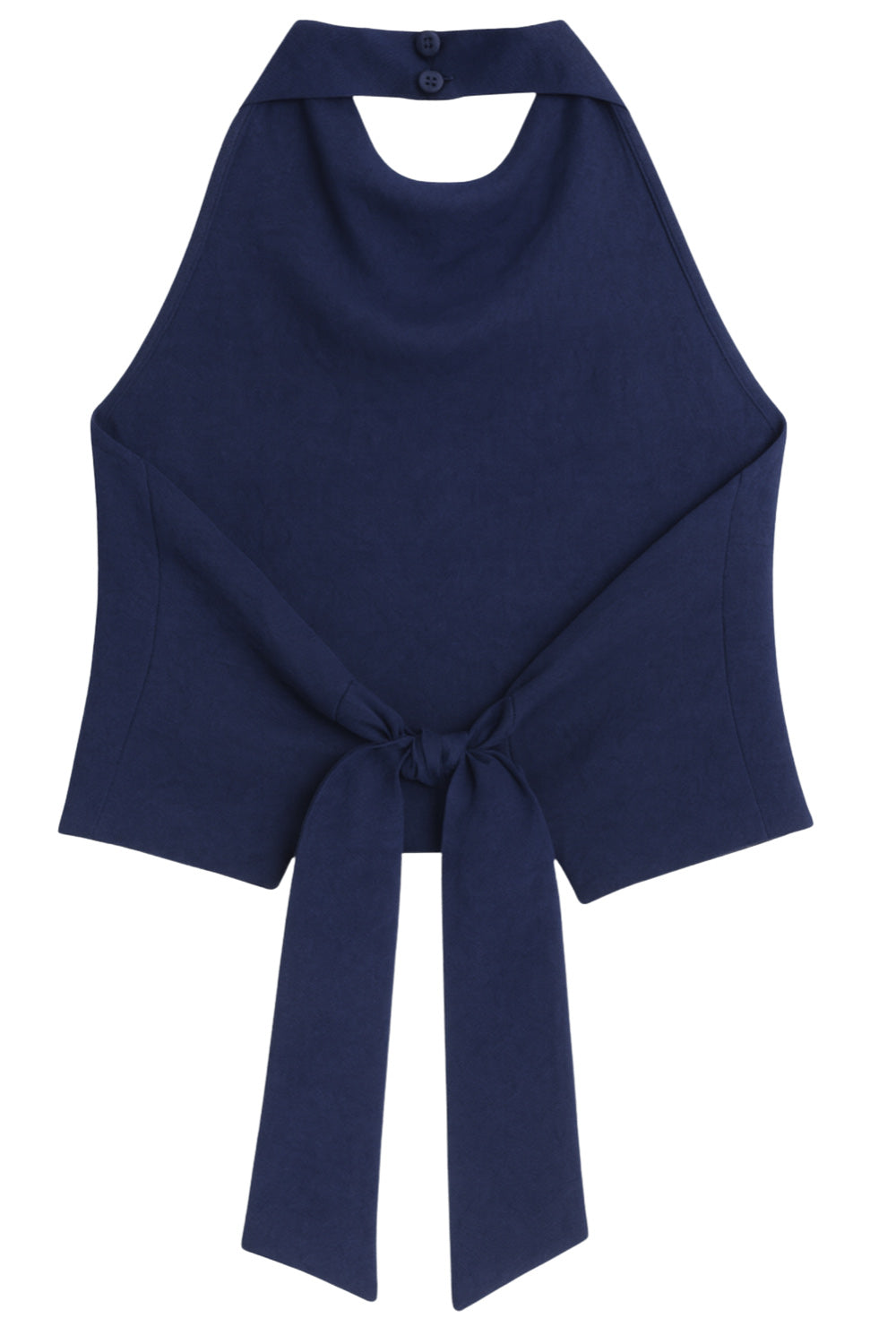 Blusa corta de fit recto, halter con cuello fluido, sin mangas, lazo amarrable en cintura, cierre posterior con botón y ojal.