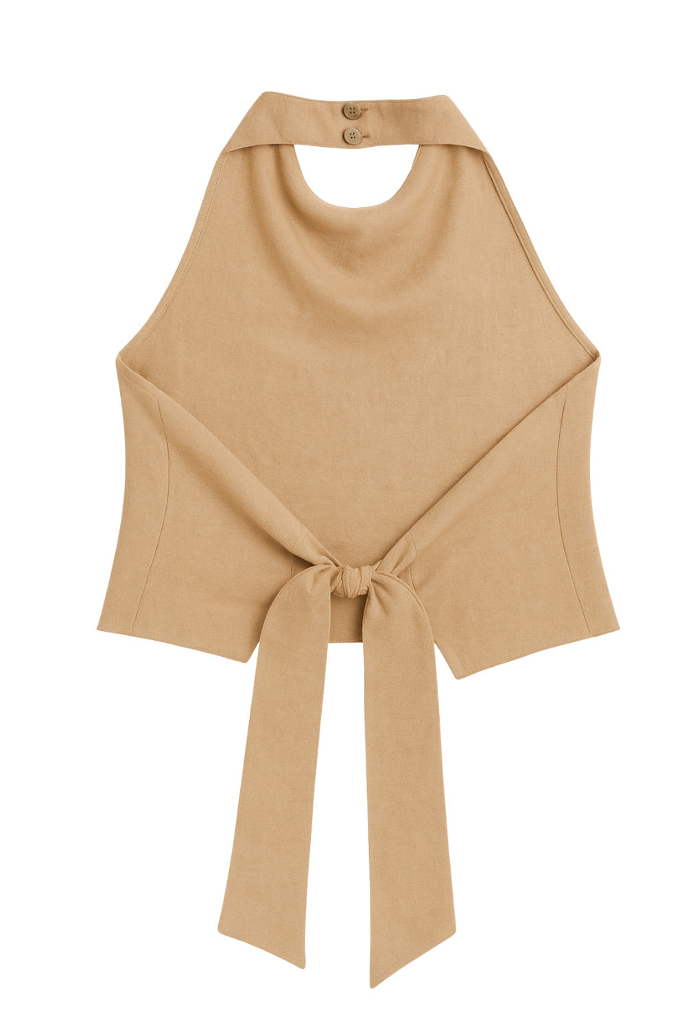 Blusa corta de fit recto, halter con cuello fluido, sin mangas, lazo amarrable en cintura, cierre posterior con botón y ojal.