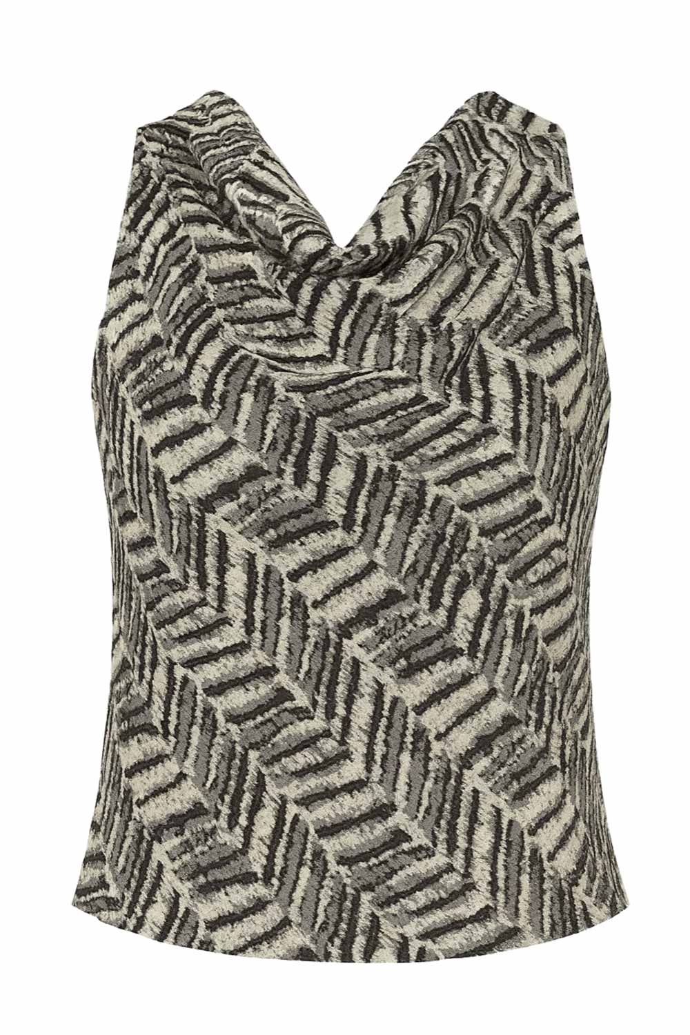 Blusa corta estampada de fit recto, sin mangas, cuello fluido y cierre posterior con botón y ojal.