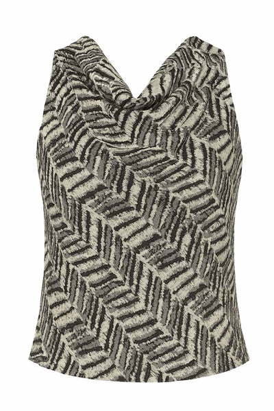 Blusa corta estampada de fit recto, sin mangas, cuello fluido y cierre posterior con botón y ojal.