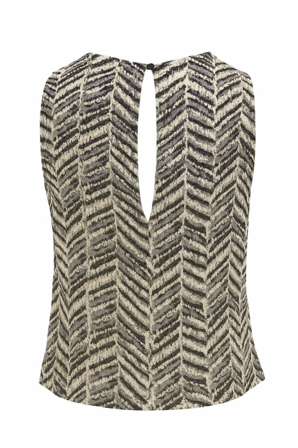 Blusa corta estampada de fit recto, sin mangas, cuello fluido y cierre posterior con botón y ojal.