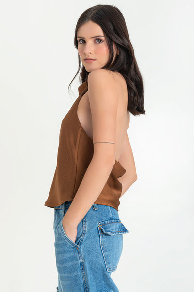 Blusa satinada halter de fit recto, cuello alto fluido, sin mangas y escote en espalda.