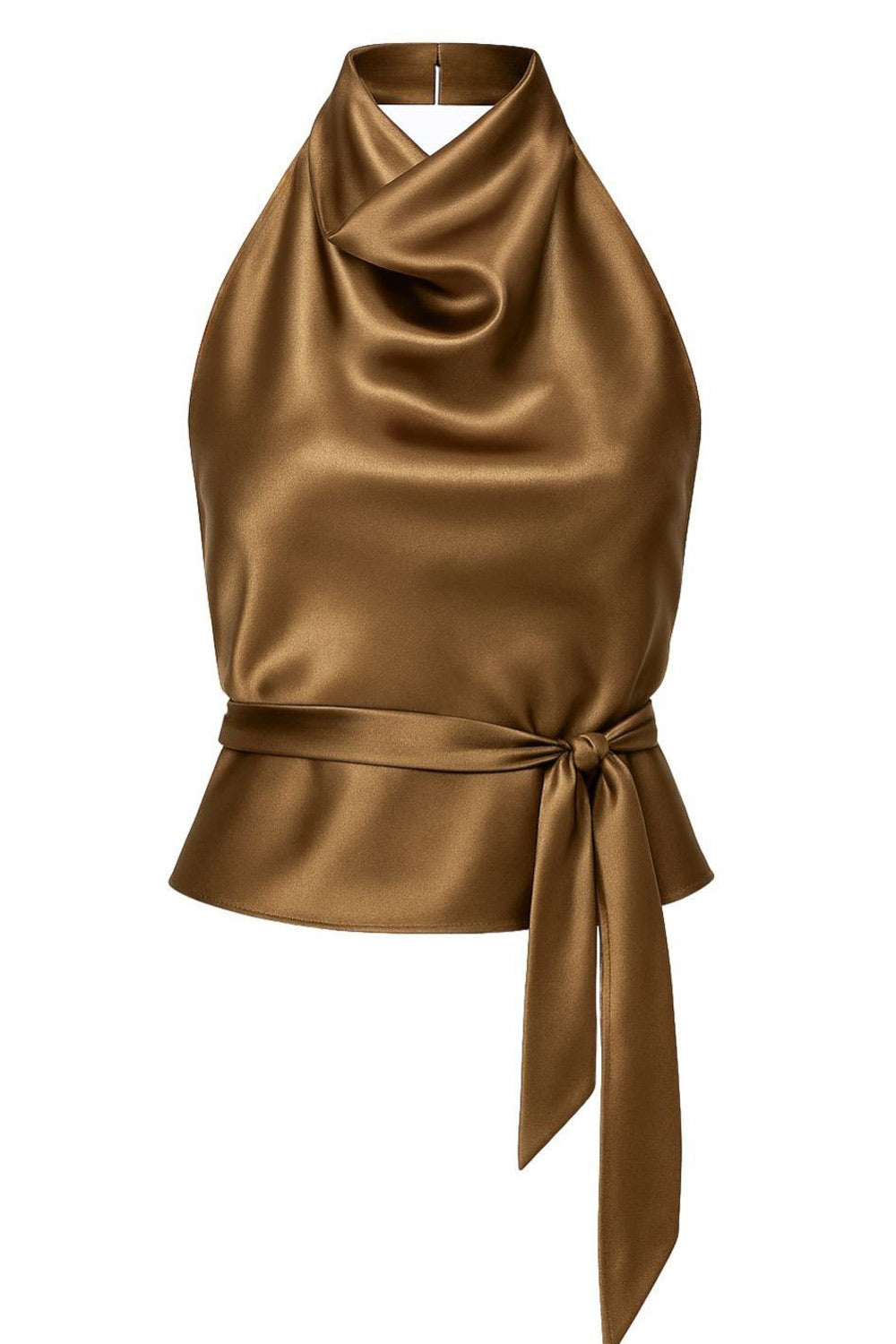 Blusa satinada de fit recto, halter con cuello fluido, sin mangas, lazo amarrable en cintura, cierre posterior con botón y ojal.