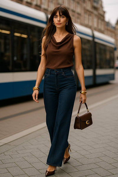 Blusa corta de fit recto, sin mangas, cuello fluido con plisados en hombros, bajo curveado y cierre posterior con botón y ojal.