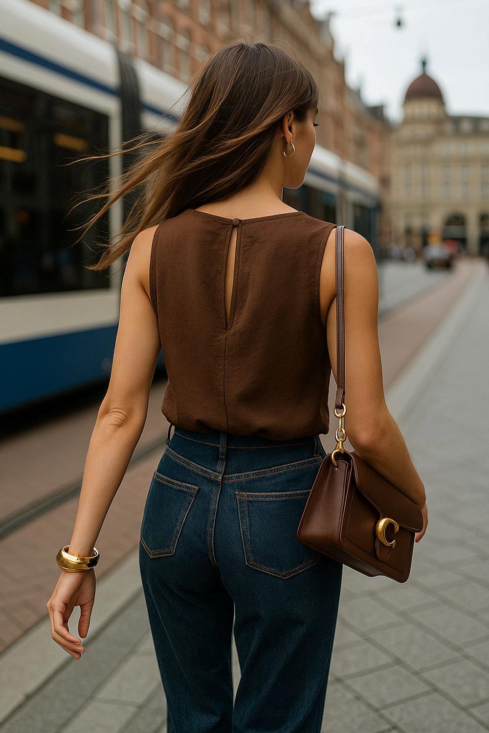 Blusa corta de fit recto, sin mangas, cuello fluido con plisados en hombros, bajo curveado y cierre posterior con botón y ojal.