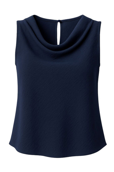 Blusa corta de fit recto, sin mangas, cuello fluido con plisados en hombros, bajo curveado y cierre posterior con botón y ojal.