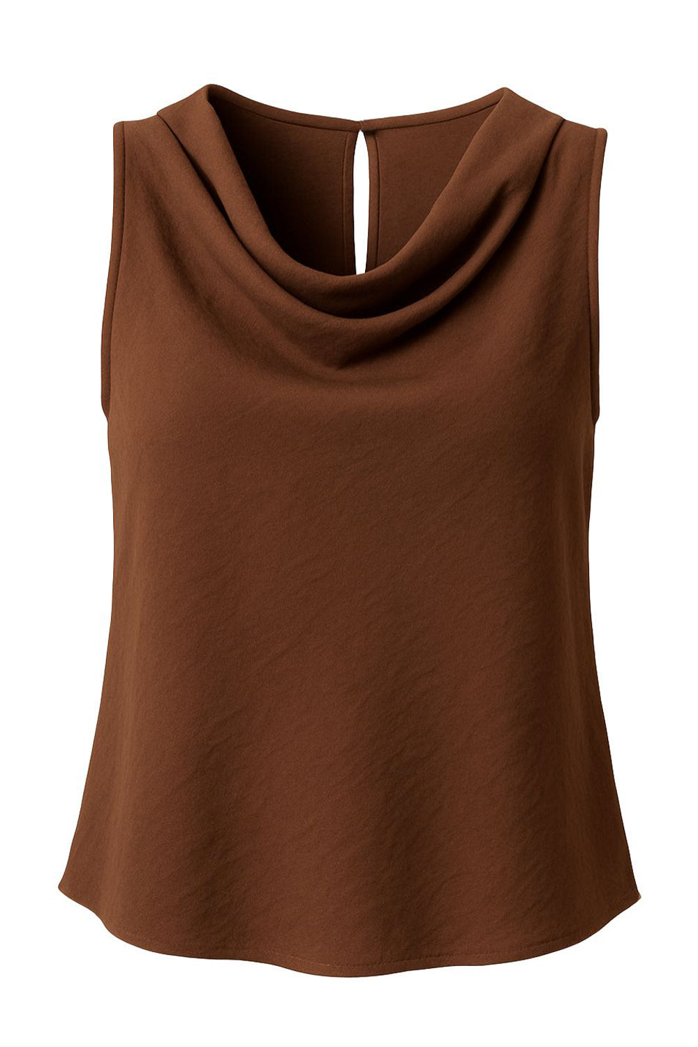 Blusa corta de fit recto, sin mangas, cuello fluido con plisados en hombros, bajo curveado y cierre posterior con botón y ojal.