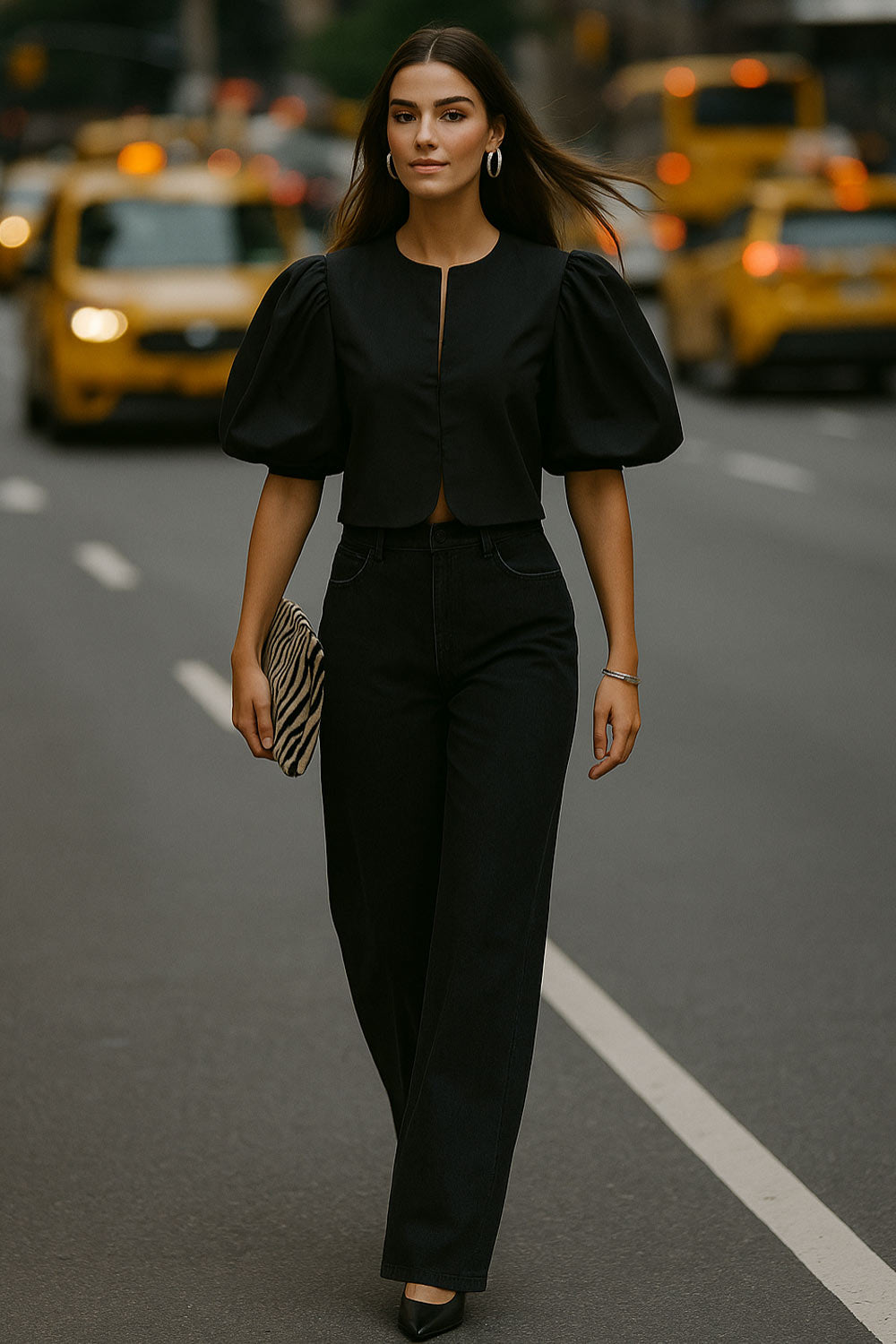 Blusa corta de fit recto, cuello redondo, manga corta amplia globo con volumen en borde, cierre frontal con broches ocultos y bajo curveado frontal.