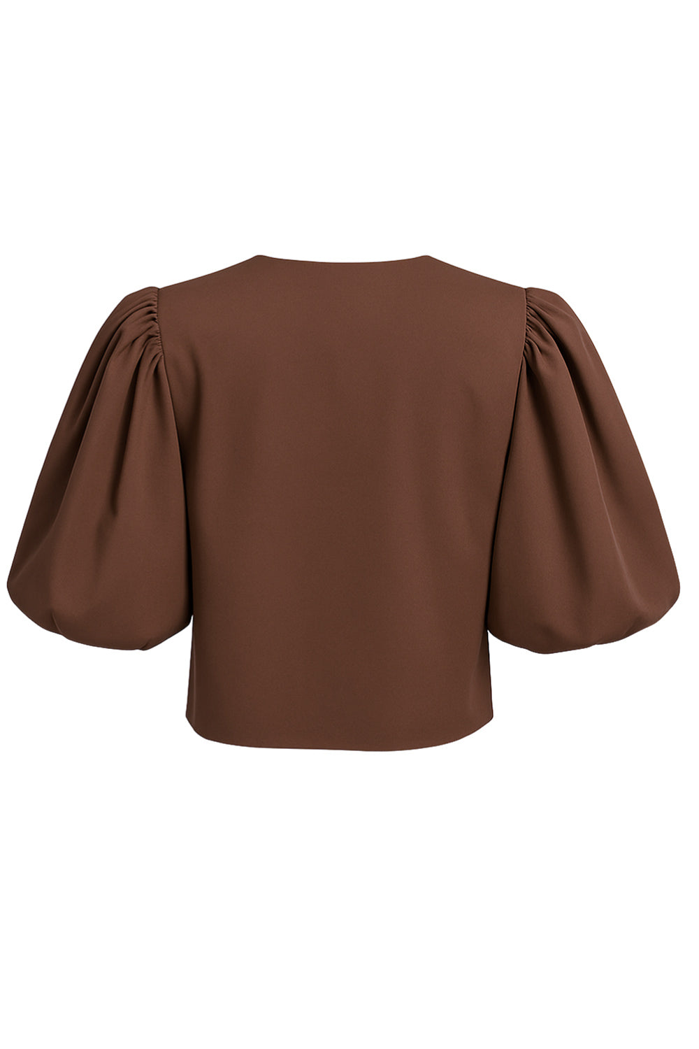 Blusa corta de fit recto, cuello redondo, manga corta amplia globo con volumen en borde, cierre frontal con broches ocultos y bajo curveado frontal.