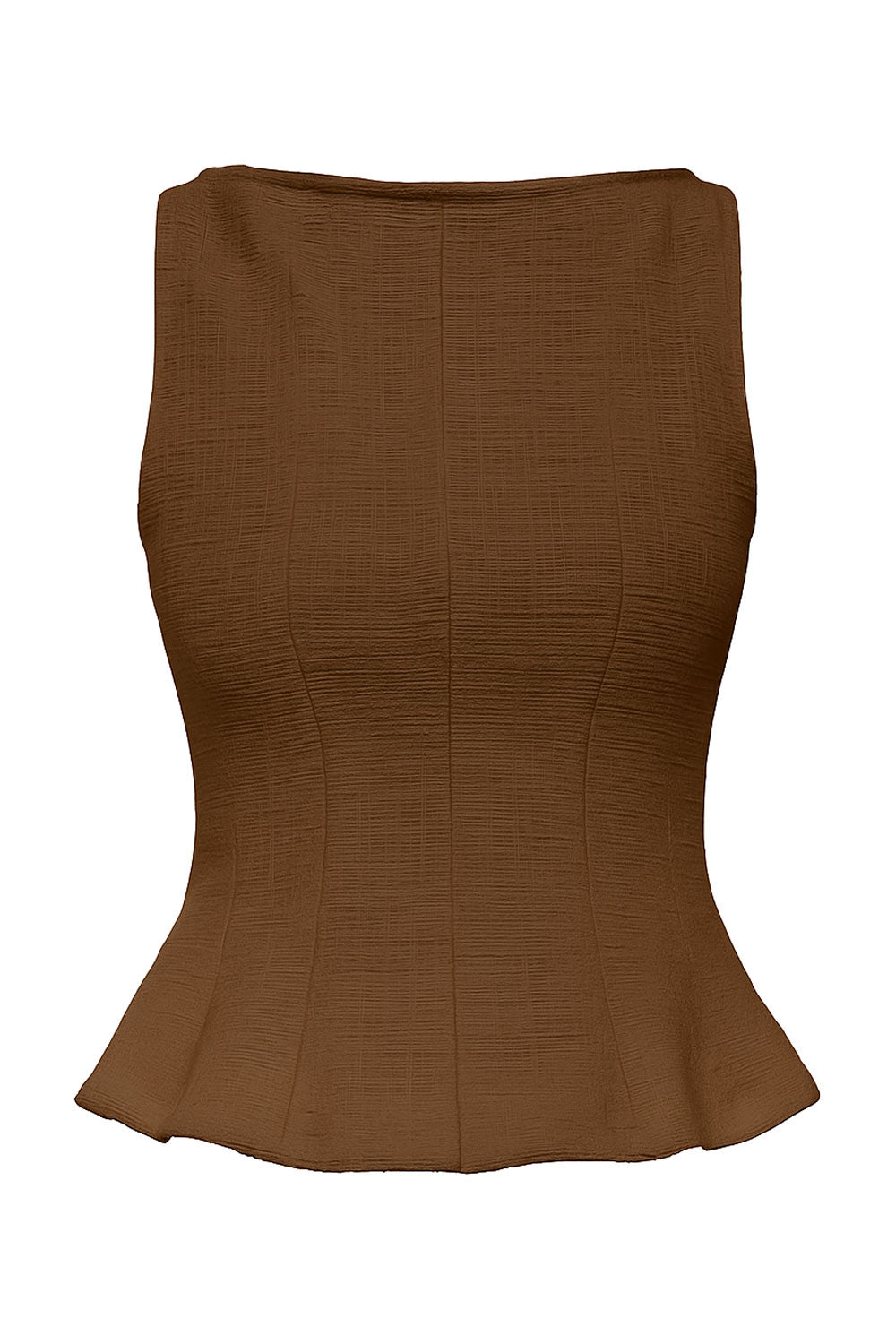 Blusa de bouclé, fit ajustado, sin mangas, cuello barco, cortes frontales y peplum con olanes en bajo.