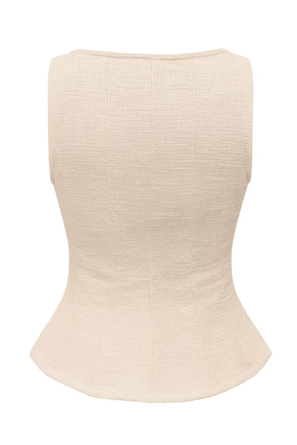 Blusa de bouclé, fit ajustado, sin mangas, cuello barco, cortes frontales y peplum con olanes en bajo.