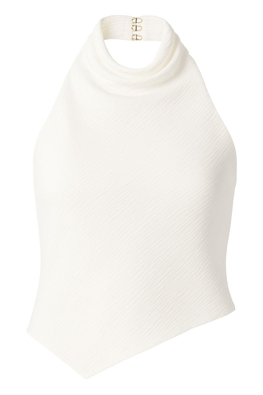 Blusa asimétrica de fit fluido, sin mangas, cuello halter fluido con plisados, escote en espalda y bajo frontal asimétrico. Detalle de textura en tejido, cierre posterior con botón y ojal.