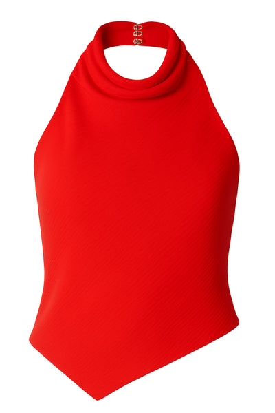 Blusa asimétrica de fit fluido, sin mangas, cuello halter fluido con plisados, escote en espalda y bajo frontal asimétrico. Detalle de textura en tejido, cierre posterior con botón y ojal.