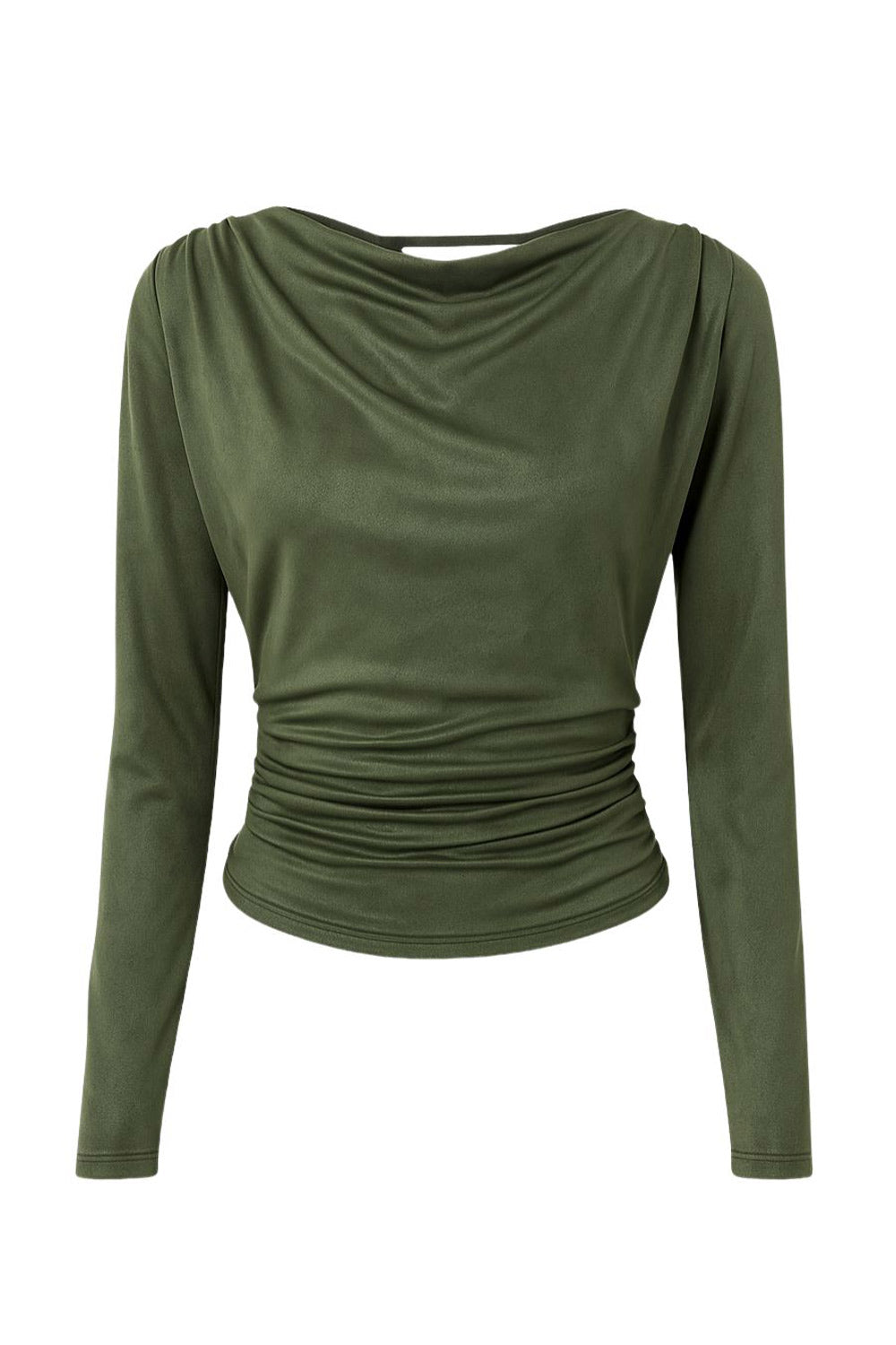 Blusa fluida de gamuza, cuello barco fluido, manga larga seguida, plisados en hombros y costados. Detalle de escote fluido en espalda con lazo amarrable posterior.