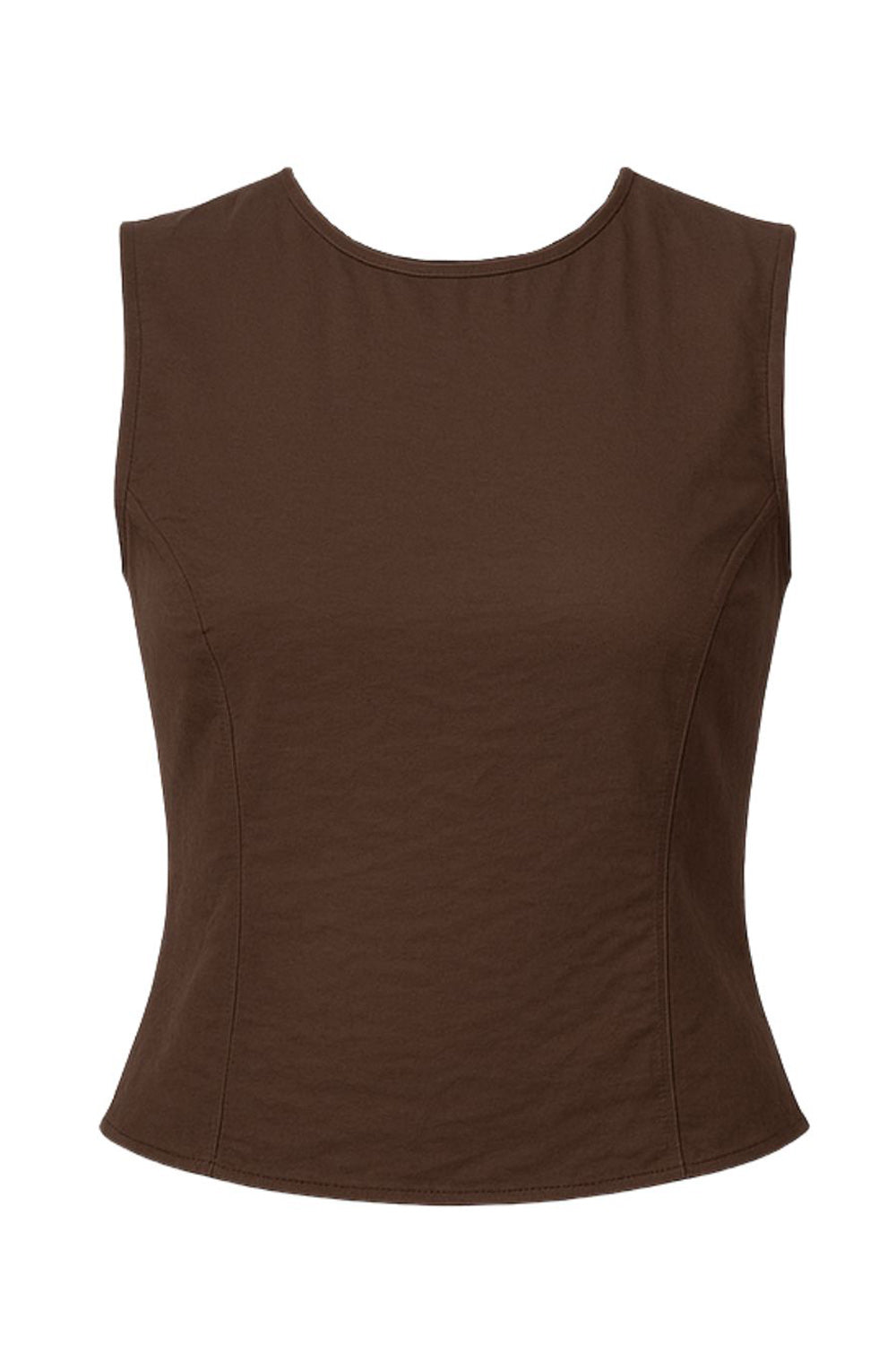 Blusa corta de fit ajustado, cuello redondo, sin mangas, pinzas frontales y cut out en espalda con lazo amarrable posterior. Cierre con botón y ojal posterior.