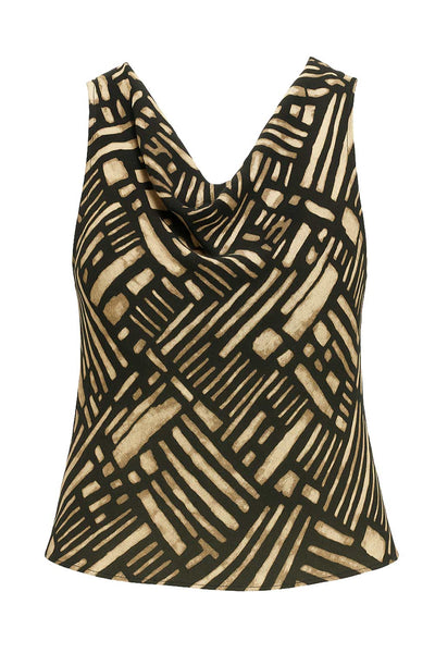 Blusa estampada de fit recto, sin mangas, escote fluido, cierre posterior con botón y ojal.