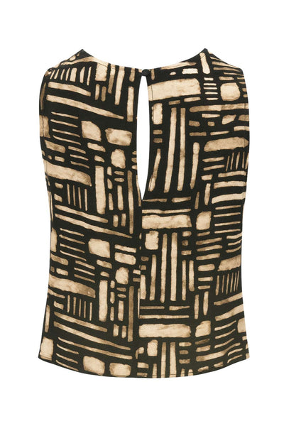 Blusa estampada de fit recto, sin mangas, escote fluido, cierre posterior con botón y ojal.