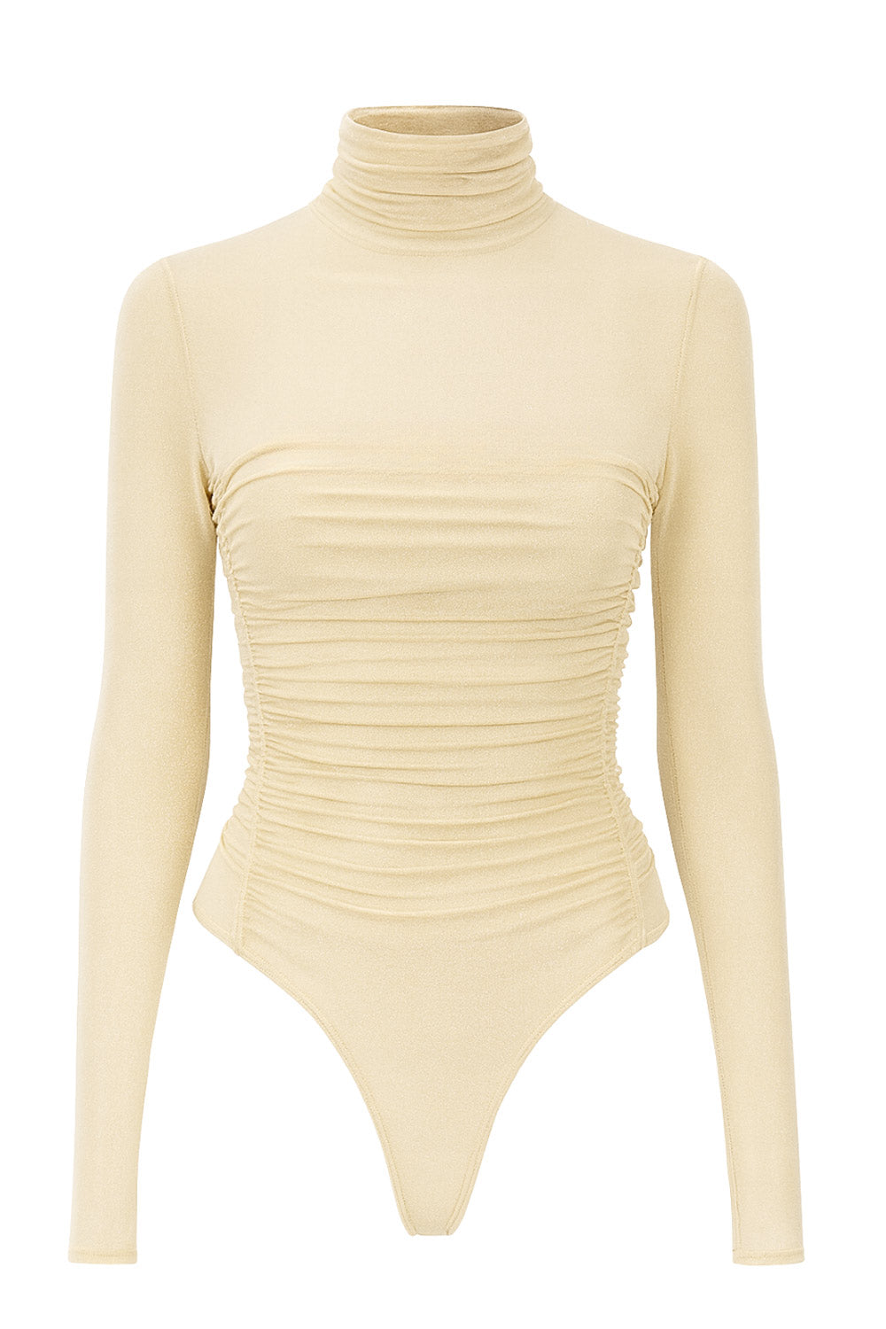 Body de mesh, fit ajustado, cuello alto con plisados, manga larga, corte alto en pierna y plisados decorativos en talle.