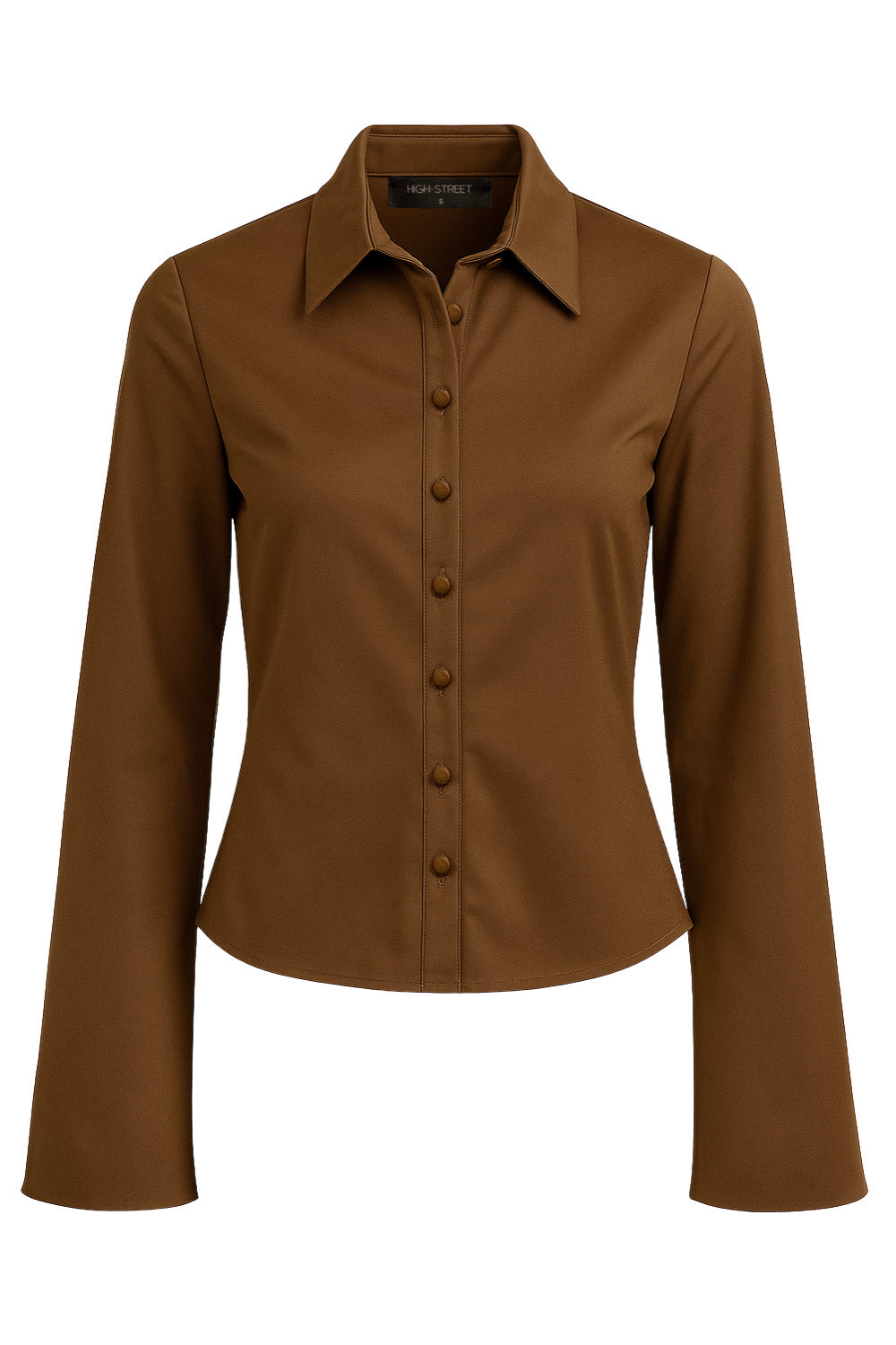 Camisa ajustada de cuello camisero, manga larga con amplitud y abertura en puños. Cierre frontal con hilera de botones.