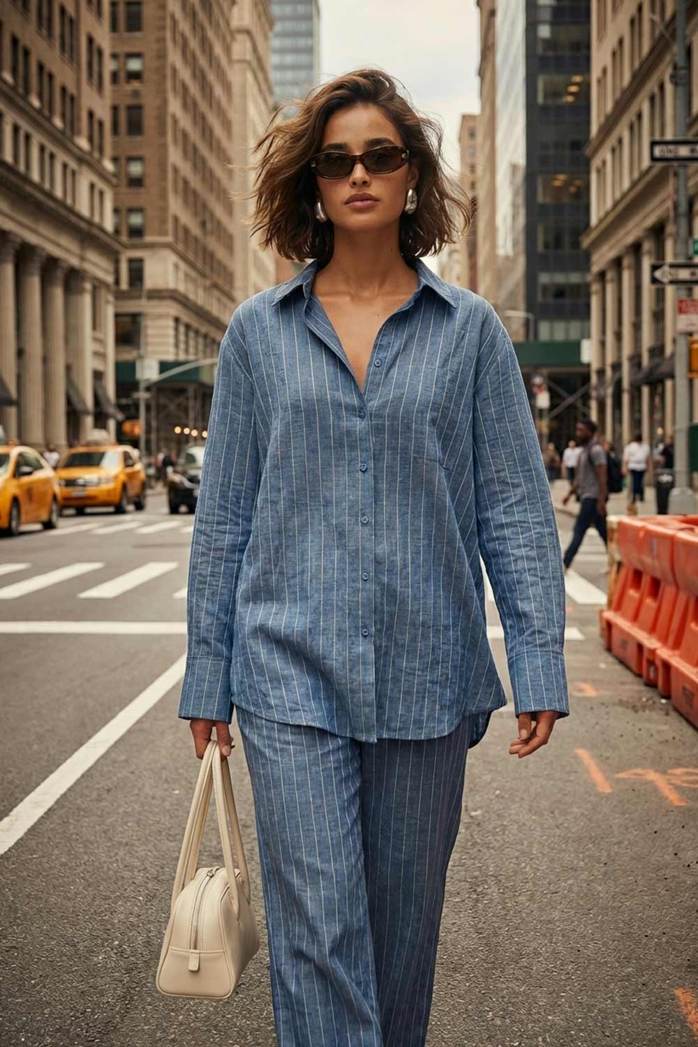 Camisa de rayas, ligeramente oversized, cuello camisero, manga larga con puño abotonado. Cierre frontal con hilera de botones.