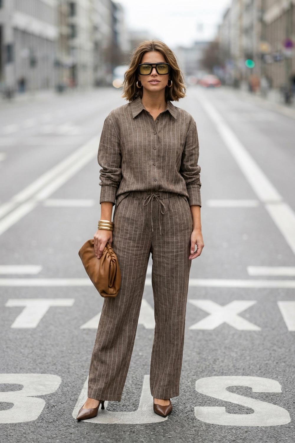 Camisa de rayas, ligeramente oversized, cuello camisero, manga larga con puño abotonado. Cierre frontal con hilera de botones.