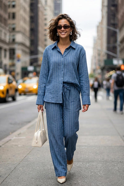 Camisa de rayas, ligeramente oversized, cuello camisero, manga larga con puño abotonado. Cierre frontal con hilera de botones.