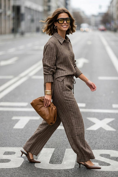 Camisa de rayas, ligeramente oversized, cuello camisero, manga larga con puño abotonado. Cierre frontal con hilera de botones.