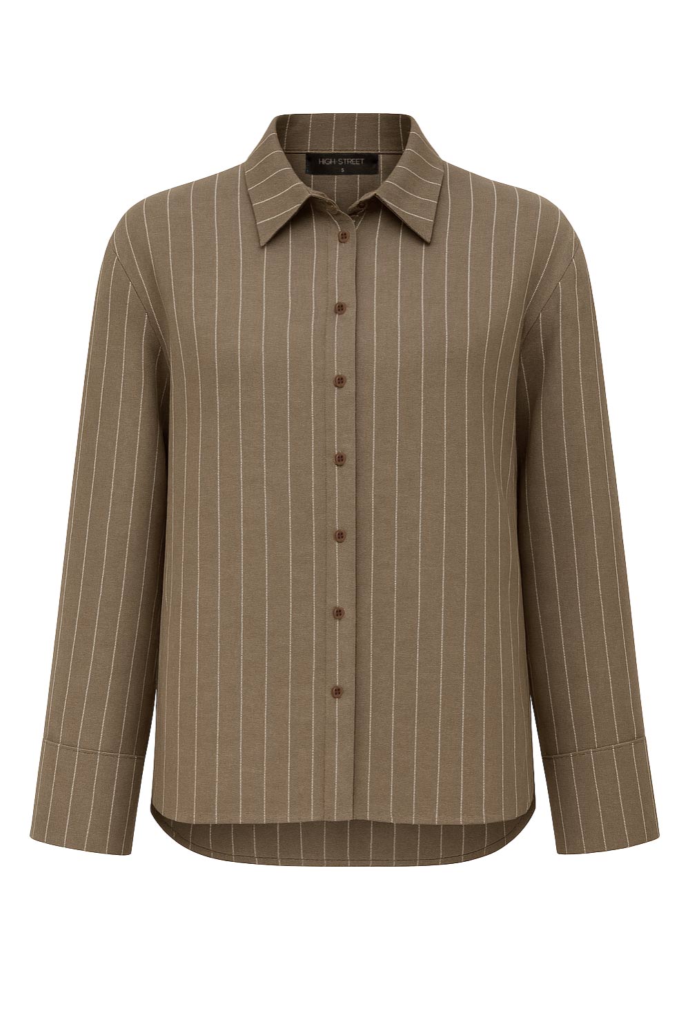 Camisa de rayas, ligeramente oversized, cuello camisero, manga larga con puño abotonado. Cierre frontal con hilera de botones.